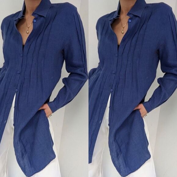 Armani Collezioni Linen Button Front‎ Tunic Sapphire Blue Size 8 - Picture 12 of 12